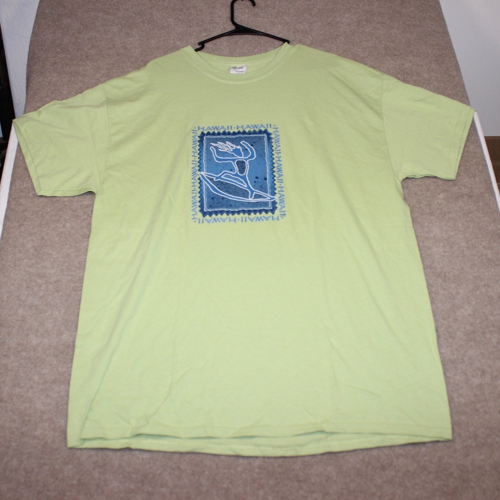 Gildan Ultra Cotton Hawaii Surfer Graphic T-Shirt Lime Green Mens XL